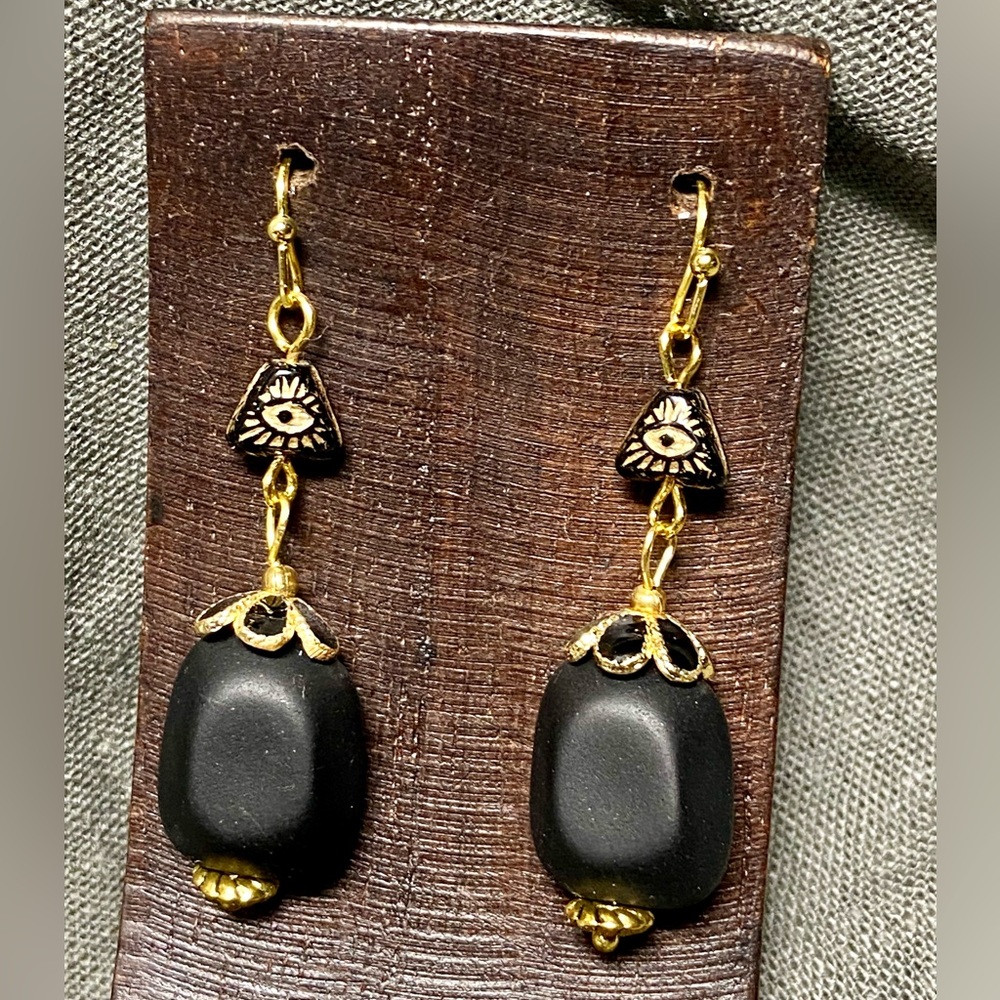 Black Mystic Pyramid Eye Frosted Jet Glass Earrings